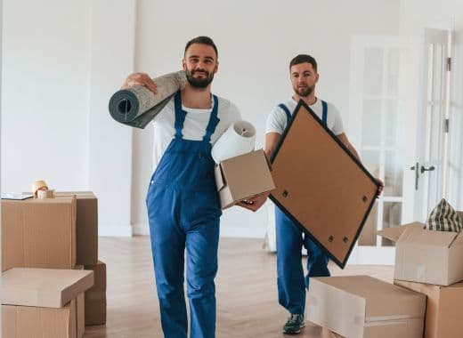 Movers carrying a rolled rug, boxes and a framed picture through an empty room