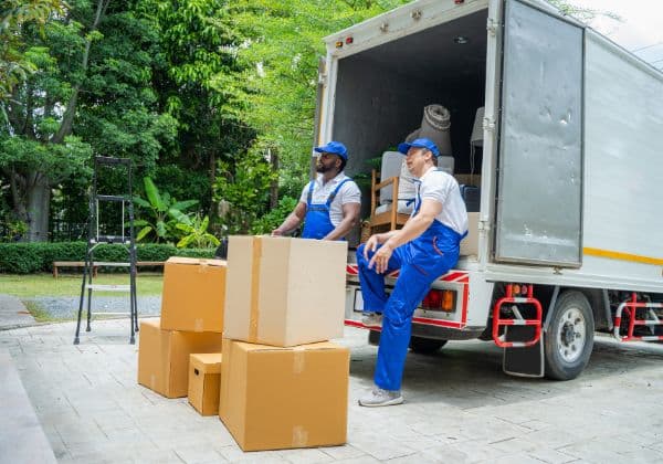 Two movers taking a break beside a truck with boxes stacked on the pavement