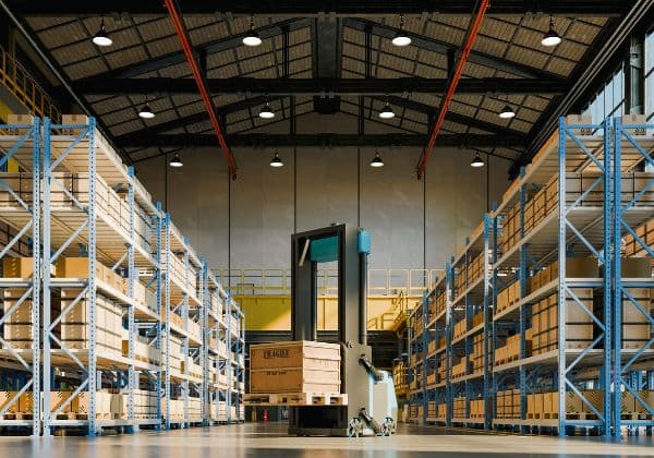 Forklift moving a pallet down an aisle of high-bay racking in a distribution centre